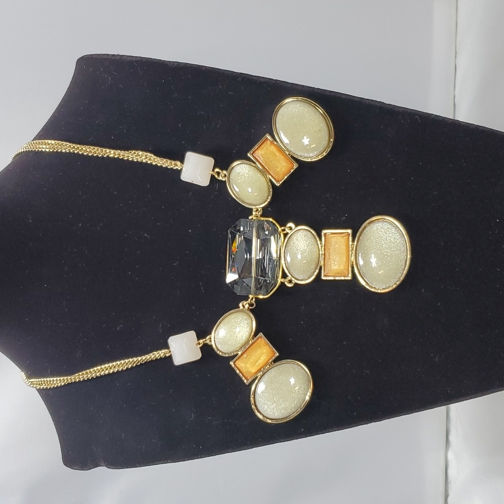 Mystique gold chain with Green and tangerine color stones 2 layer chain